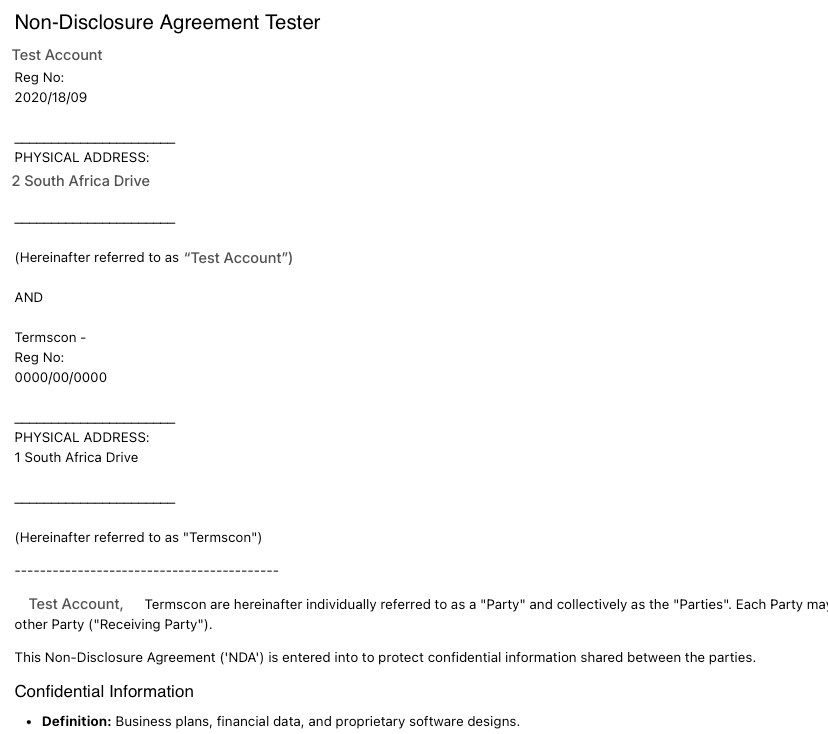 Example of multi-entity information loaded into a document after business details are completed