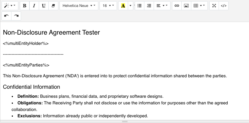 Example of multi-entity information loaded into a document before business details are completed